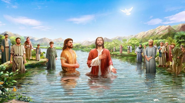 耶穌受洗 當下、耶穌從加利利來到約旦河、見了約翰、要受他的洗。約翰想要攔住他、說、我當受你的洗、你反倒上我這裡來嗎。耶穌回答說、你暫且許我．因為我們理當這樣盡諸般的義．於是約翰許了他。耶穌受了洗、隨即從水裡上來．天忽然為他開了、他就看見神的靈、彷彿鴿子降下、落在他身上。從天上有聲音說、這是我的愛子、我所喜悅的。